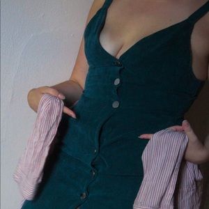 Emerald Green Mini Dress, Cute button up, V-Neck line and corduroy texture.